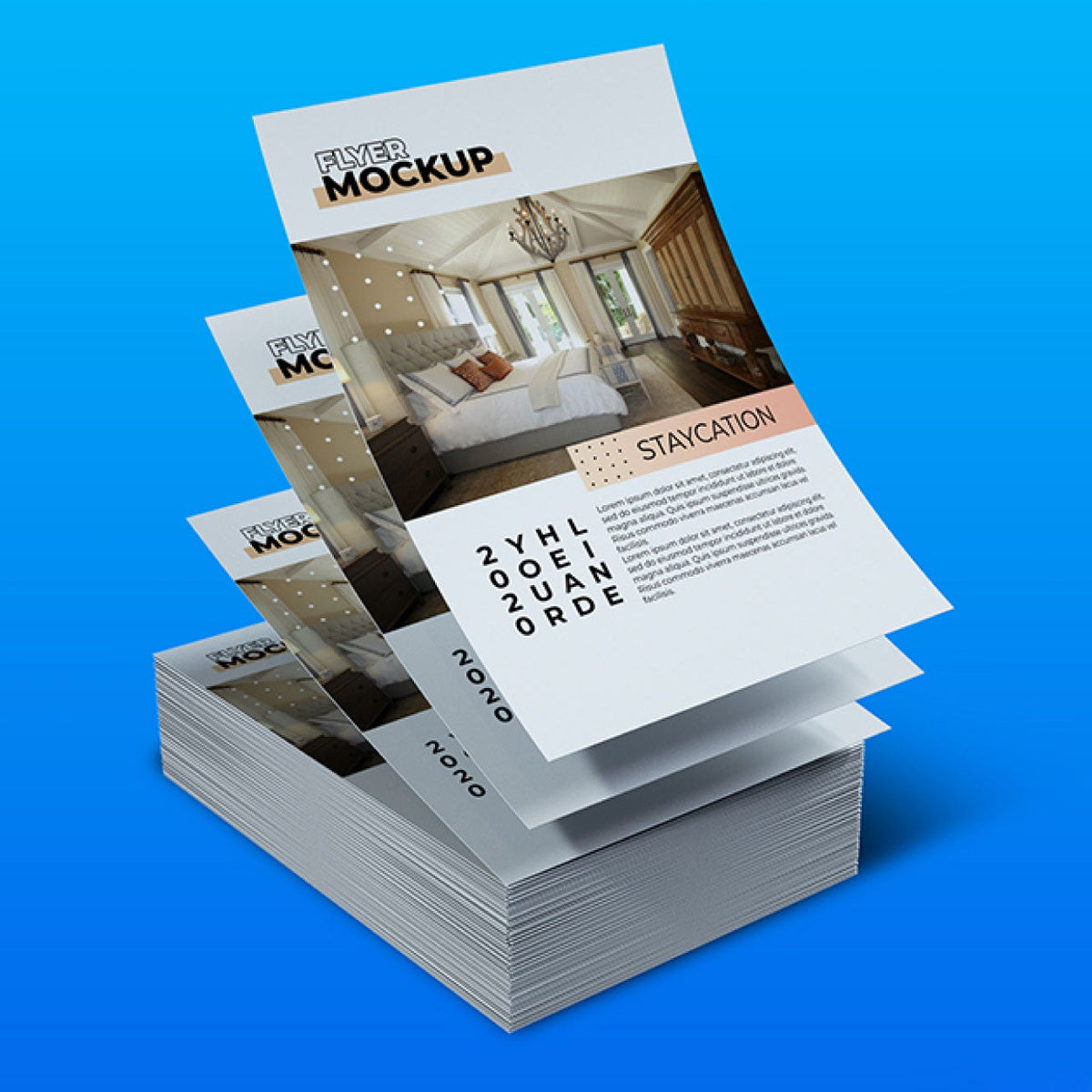 STACK OF CUSTOM PRINTED FLYERS FEATURING A MODERN REAL ESTATE DESIGN WITH FULL-COLOR PHOTOGRAPHY AND GRAPHICS ON A BRIGHT BLUE BACKGROUND.