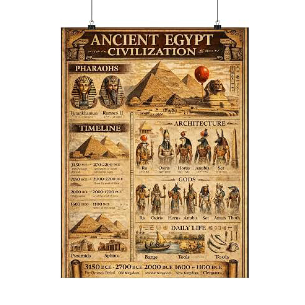 EDUCATIONAL ANCIENT EGYPT CIVILIZATION POSTER FEATURING PHARAOHS, PYRAMIDS, GODS, ARCHITECTURE, TIMELINES, AND DAILY LIFE SCENES IN A VINTAGE PARCHMENT STYLE.