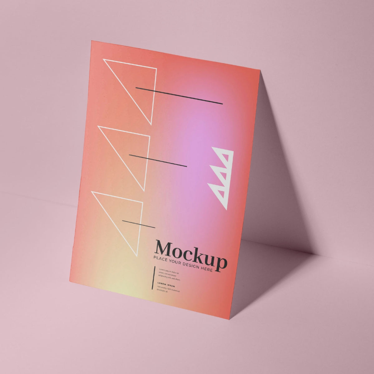 VERTICAL PRINTED POSTER FEATURING A PINK-TO-ORANGE GRADIENT WITH WHITE GEOMETRIC LINE ART, DISPLAYED AGAINST A MATCHING PINK WALL.