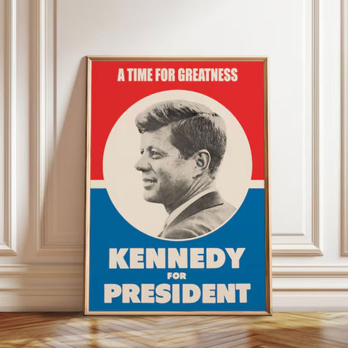 FRAMED VINTAGE-STYLE JOHN F. KENNEDY PRESIDENTIAL CAMPAIGN POSTER FEATURING A RED, WHITE, AND BLUE DESIGN WITH “KENNEDY FOR PRESIDENT” TEXT.