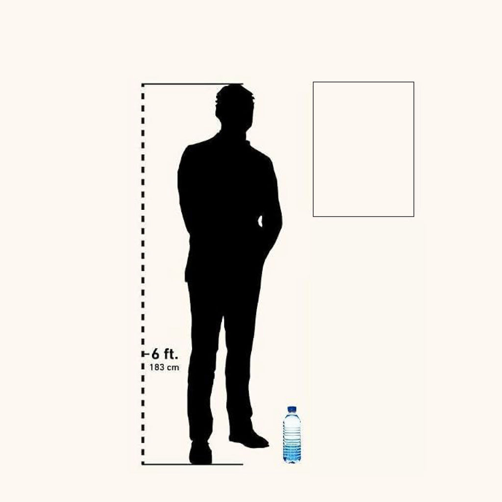 SIZE COMPARISON GRAPHIC SHOWING A 6-FOOT HUMAN SILHOUETTE AND WATER BOTTLE NEXT TO A RECTANGULAR POSTER FOR SCALE.