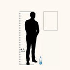 SIZE COMPARISON GRAPHIC SHOWING A 6-FOOT HUMAN SILHOUETTE AND WATER BOTTLE NEXT TO A RECTANGULAR POSTER FOR SCALE.