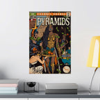 VINTAGE-STYLE PYRAMID ART POSTER FEATURING “CHANNEL ORANGE PYRAMIDS” TEXT, DISPLAYED ON A LIGHT GRAY WALL ABOVE BOOKS AND A YELLOW LAMP.