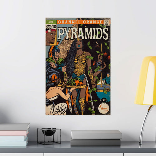 VINTAGE-STYLE PYRAMID ART POSTER FEATURING “CHANNEL ORANGE PYRAMIDS” TEXT, DISPLAYED ON A LIGHT GRAY WALL ABOVE BOOKS AND A YELLOW LAMP.