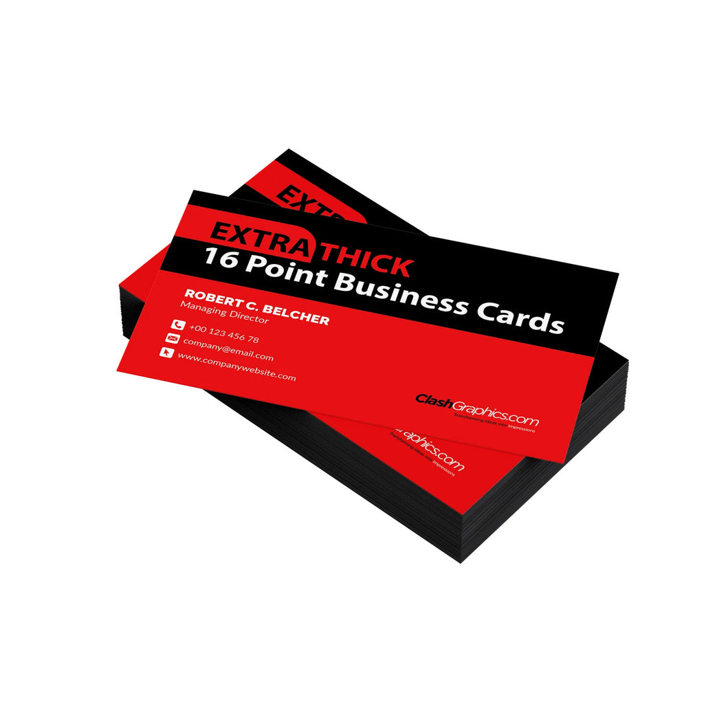 STACK OF EXTRA-THICK 16 PT BUSINESS CARDS IN RED AND BLACK, SHOWING THE HEAVYWEIGHT CARDSTOCK THICKNESS AGAINST A WHITE BACKGROUND.