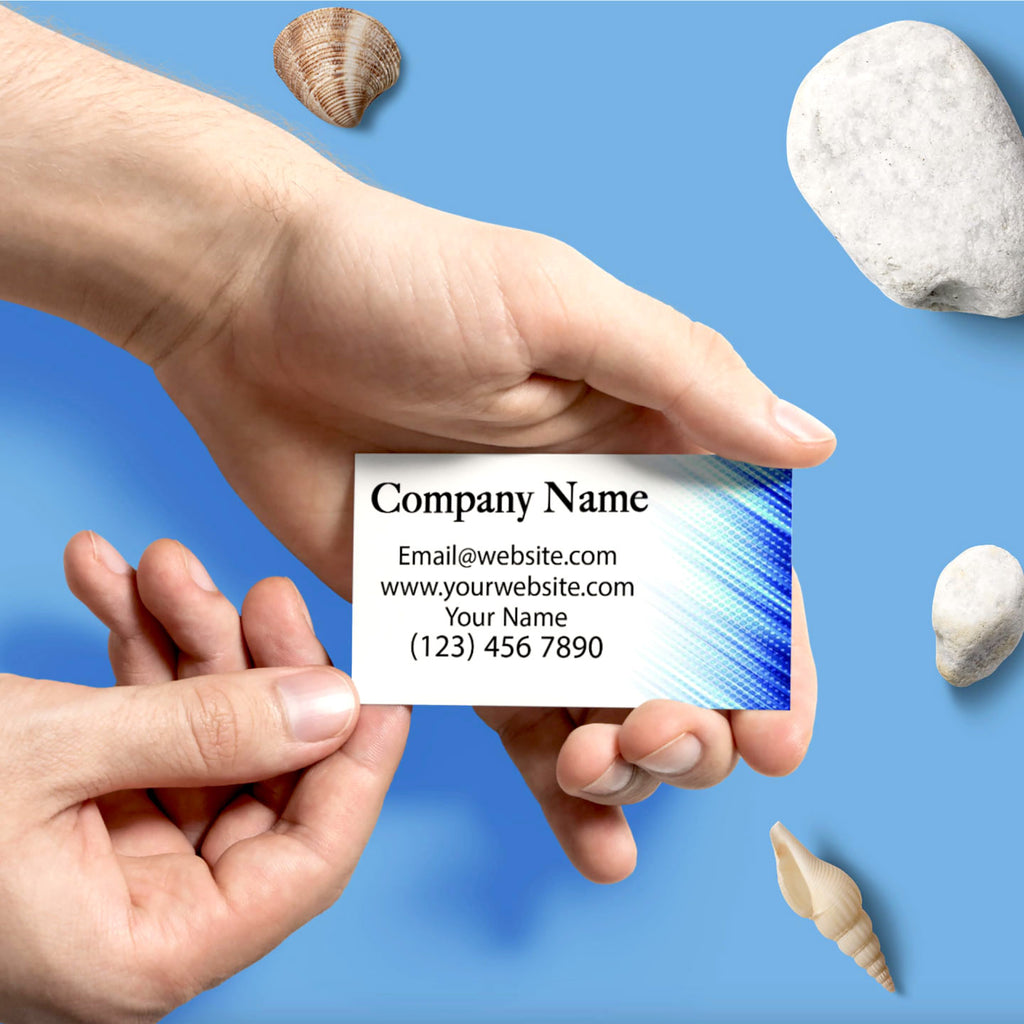 CUSTOM PRINTED BUSINESS CARD WITH BLUE GRAPHICS AND CONTACT INFORMATION BEING HANDED FROM ONE PERSON TO ANOTHER AGAINST A BLUE BACKGROUND.