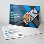 CUSTOM PRINTED PROMOTIONAL CARDS FEATURING A DARK BLUE AND GRAY DESIGN WITH PHOTO COLLAGE AND BUSINESS MARKETING MESSAGE ON A LIGHT GRAY SURFACE.
