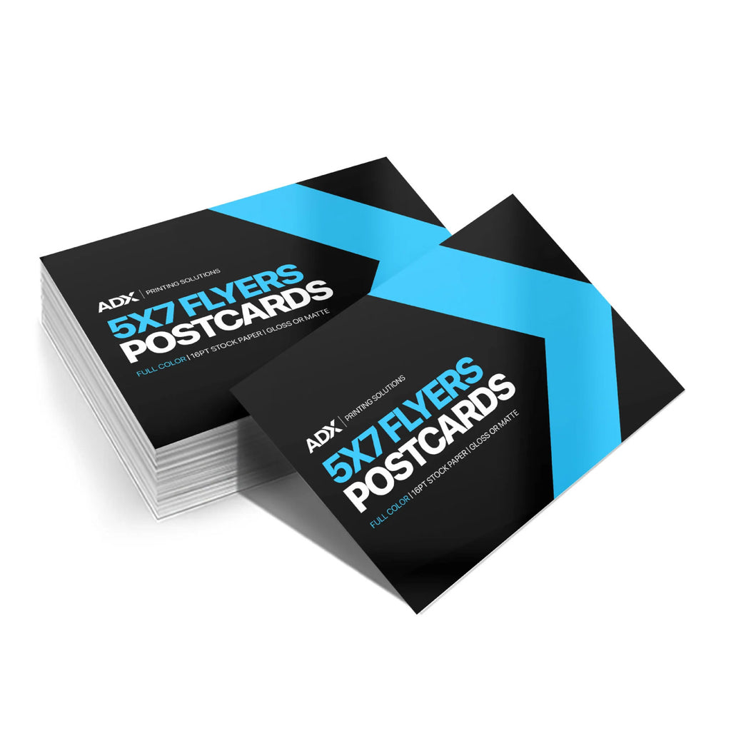 STACK OF CUSTOM PRINTED 5 X 7 MARKETING POSTCARDS FEATURING A BLACK AND BRIGHT BLUE DESIGN WITH WHITE TEXT ON A CLEAN WHITE BACKGROUND.
