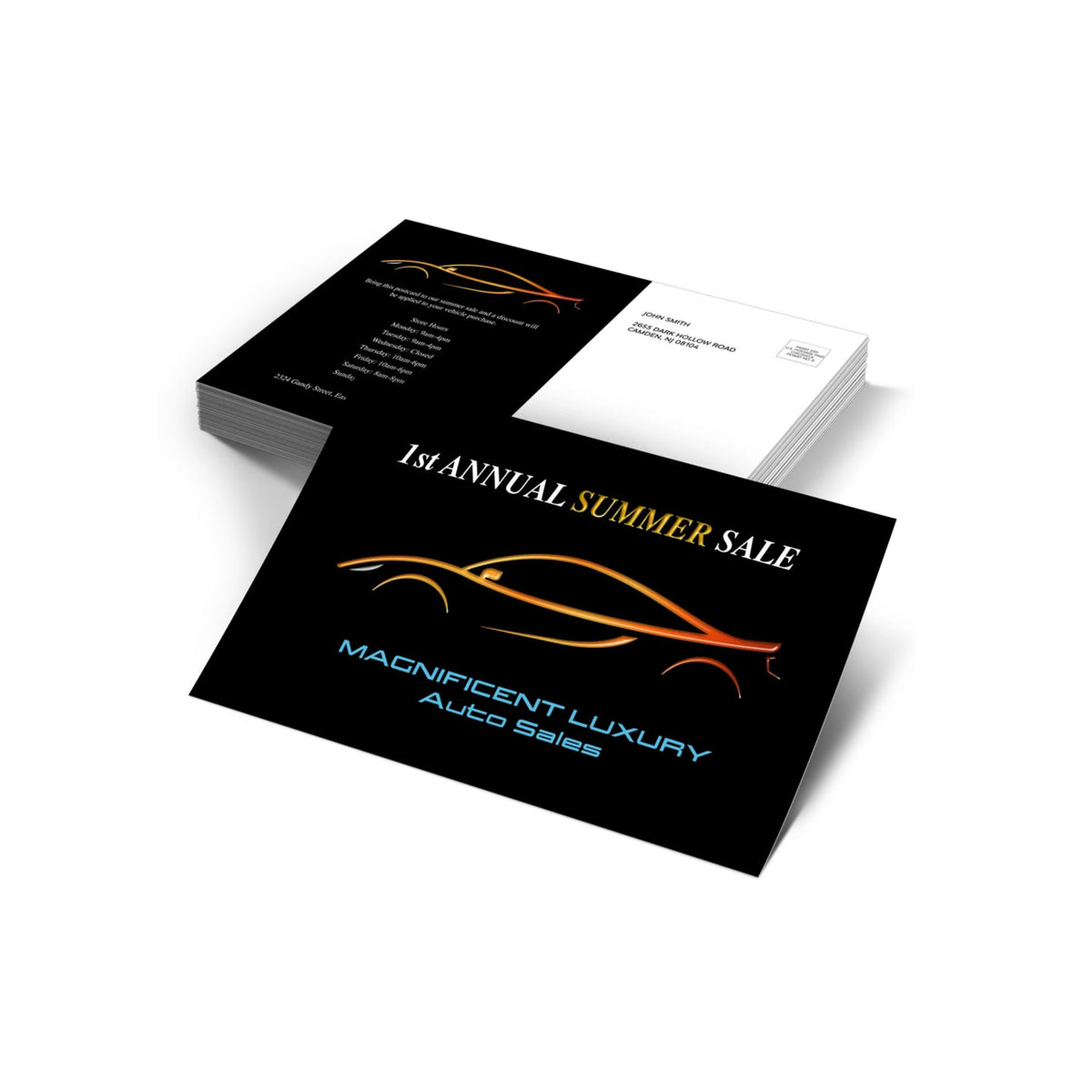 STACK OF CUSTOM PRINTED PROMOTIONAL POSTCARDS FEATURING A BLACK AND ORANGE LUXURY AUTO SALES SUMMER PROMOTION DESIGN ON A CLEAN WHITE BACKGROUND.