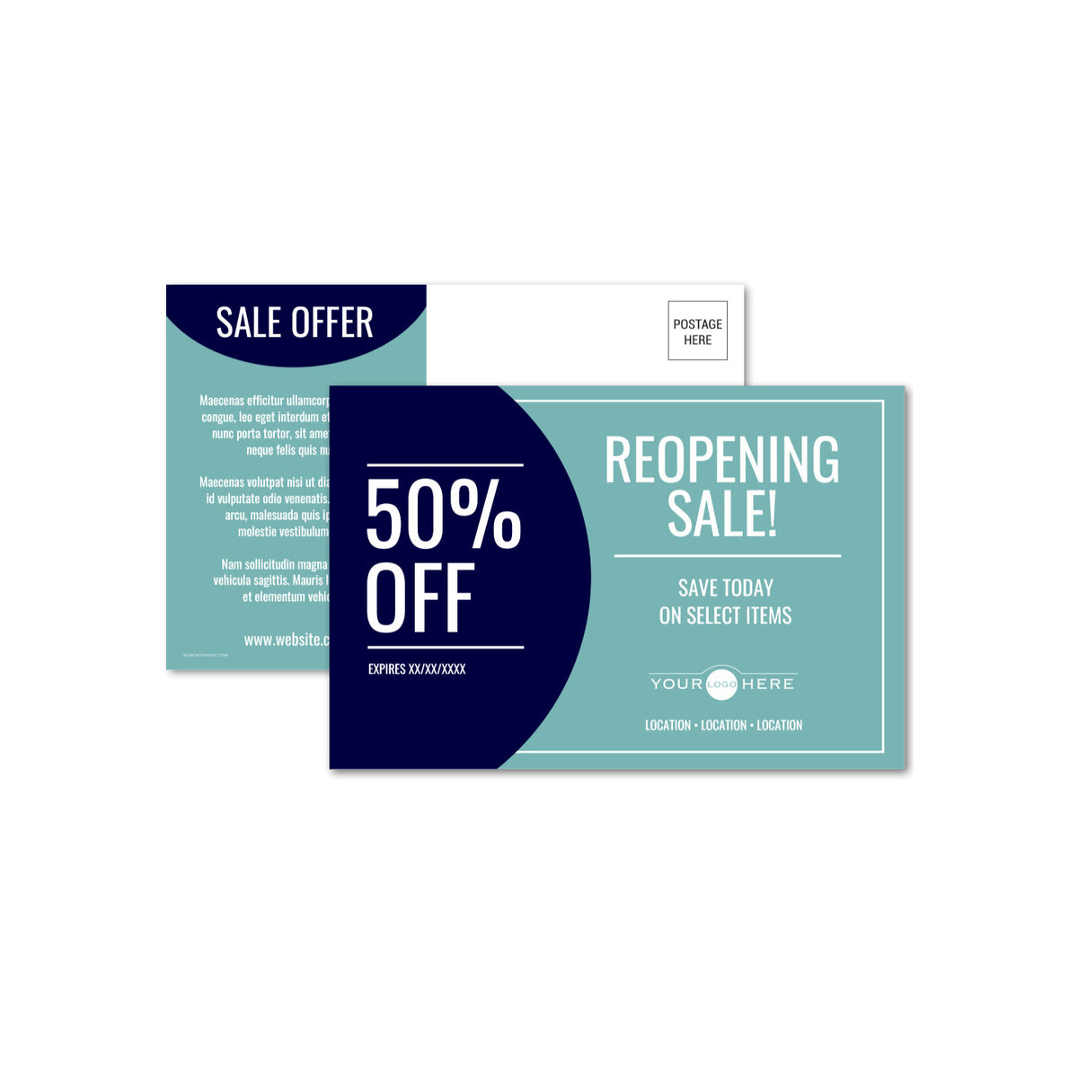 A POSTCARD-STYLE SALE FLYER WITH A TEAL AND DARK NAVY DESIGN, FEATURING FRONT AND BACK LAYOUTS WITH “50% OFF,” “REOPENING SALE!,” AND “SALE OFFER” PROMOTIONAL TEXT.