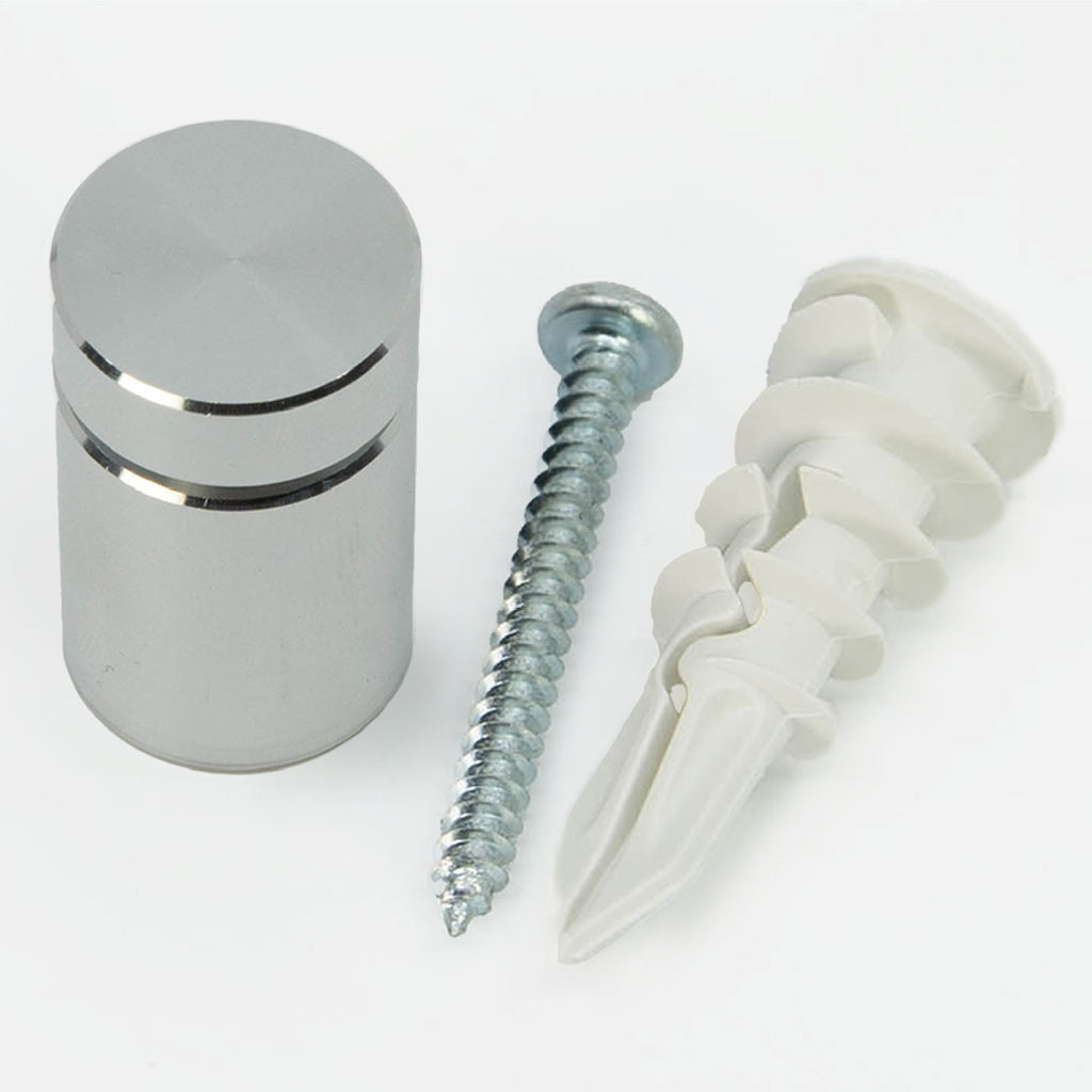 THREADED MOUNTING SCREW AND WHITE PLASTIC WALL ANCHOR FOR ALUMINUM SIGN STANDOFF INSTALLATION, SHOWN ON A PLAIN WHITE BACKGROUND.