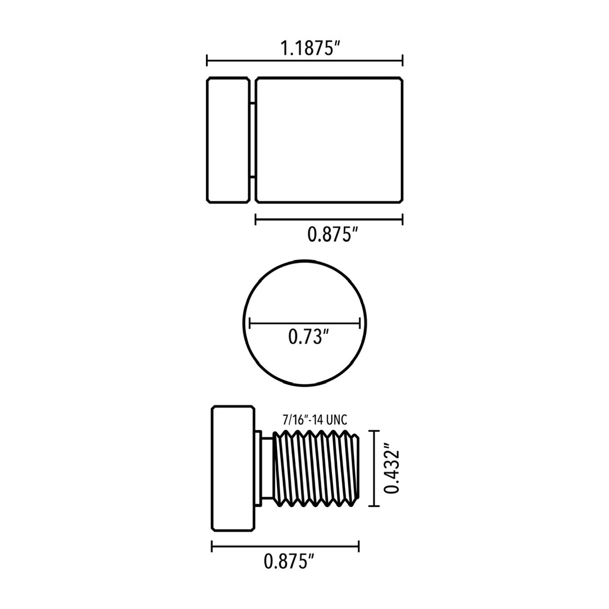 TECHNICAL DIMENSION DRAWING OF AN ALUMINUM STANDOFF MOUNTING COMPONENT, SHOWING FRONT AND SIDE VIEWS WITH DETAILED MEASUREMENTS.