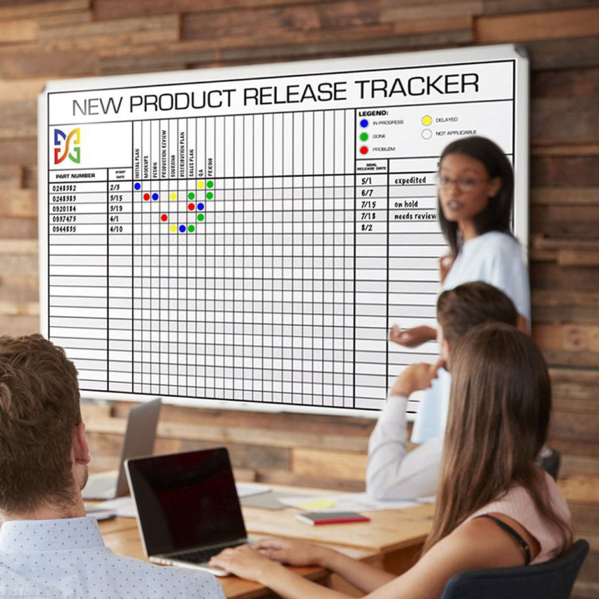 LARGE CUSTOM DRY ERASE ADHESIVE VINYL BOARD FEATURING A NEW PRODUCT RELEASE TRACKER, MOUNTED ON A WOOD-PANELED WALL IN A MODERN OFFICE MEETING ROOM WITH A TEAM COLLABORATING AROUND A TABLE.