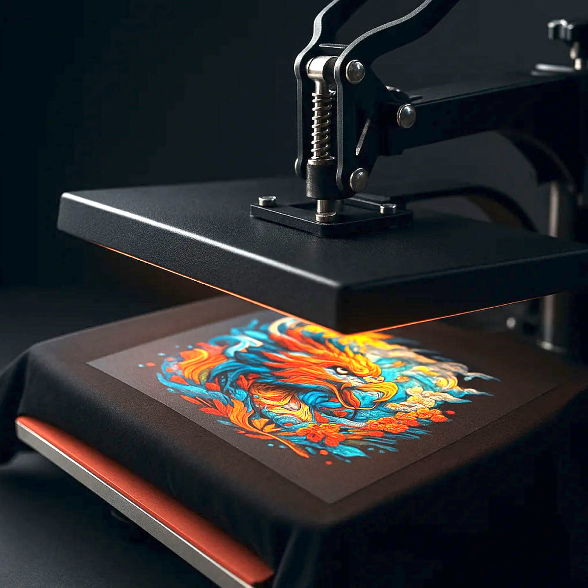 DTF HEAT TRANSFER BEING APPLIED TO A BLACK T-SHIRT WITH A HEAT PRESS, FEATURING A VIBRANT FULL-COLOR CUSTOM GRAPHIC.