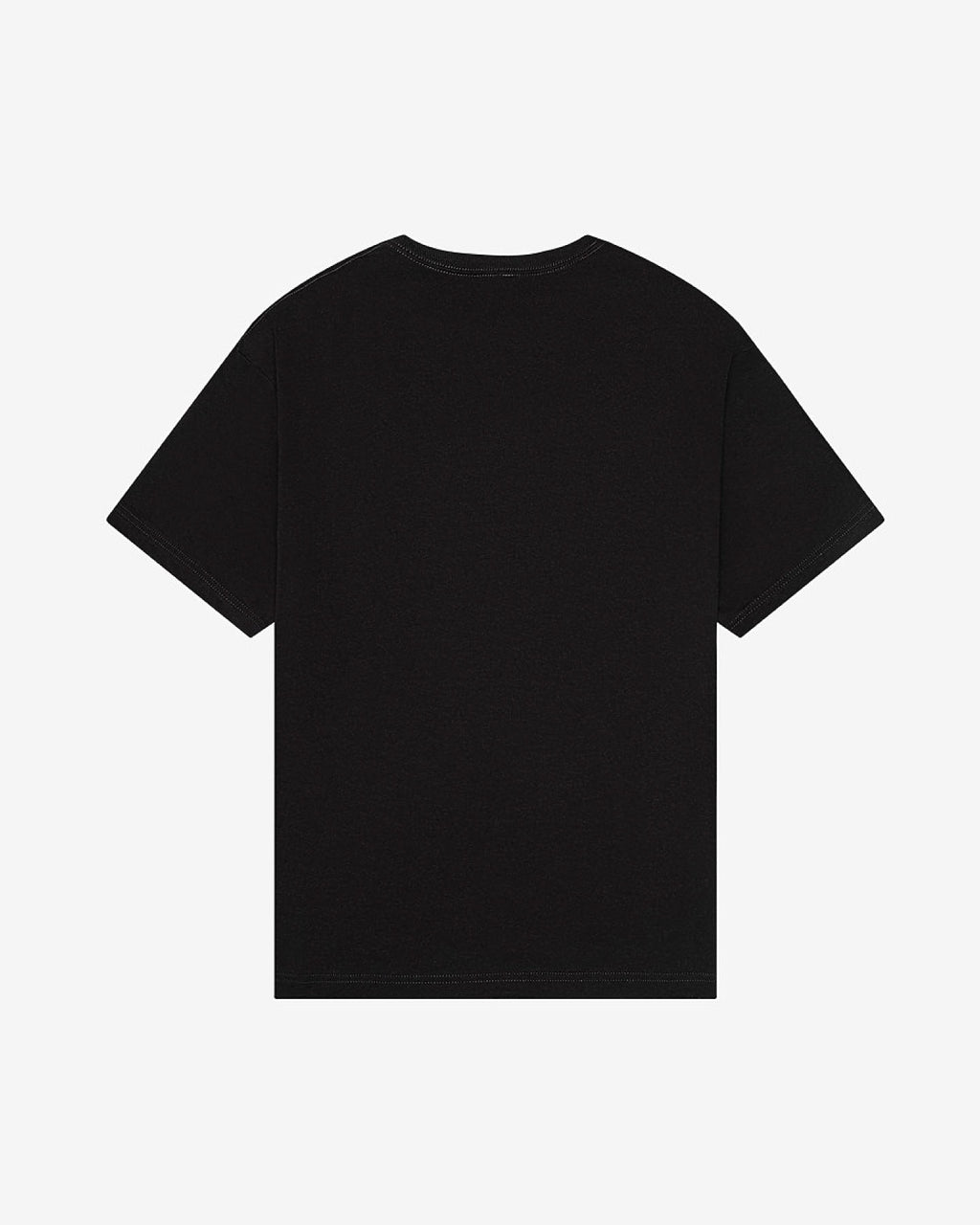 A black short-sleeve crewneck t-shirt with a subtle tonal embroidered logo on the left chest, displayed flat against a solid white background.