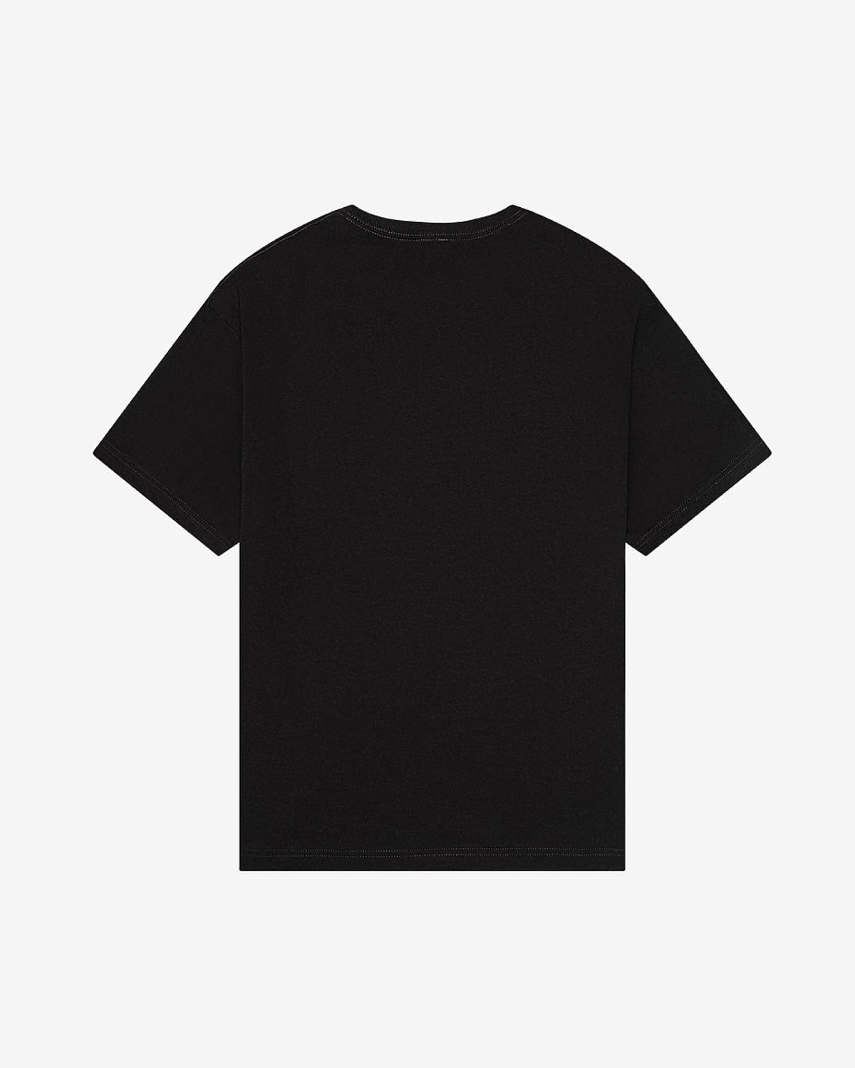 A black short-sleeve crewneck t-shirt with a subtle tonal embroidered logo on the left chest, displayed flat against a solid white background.