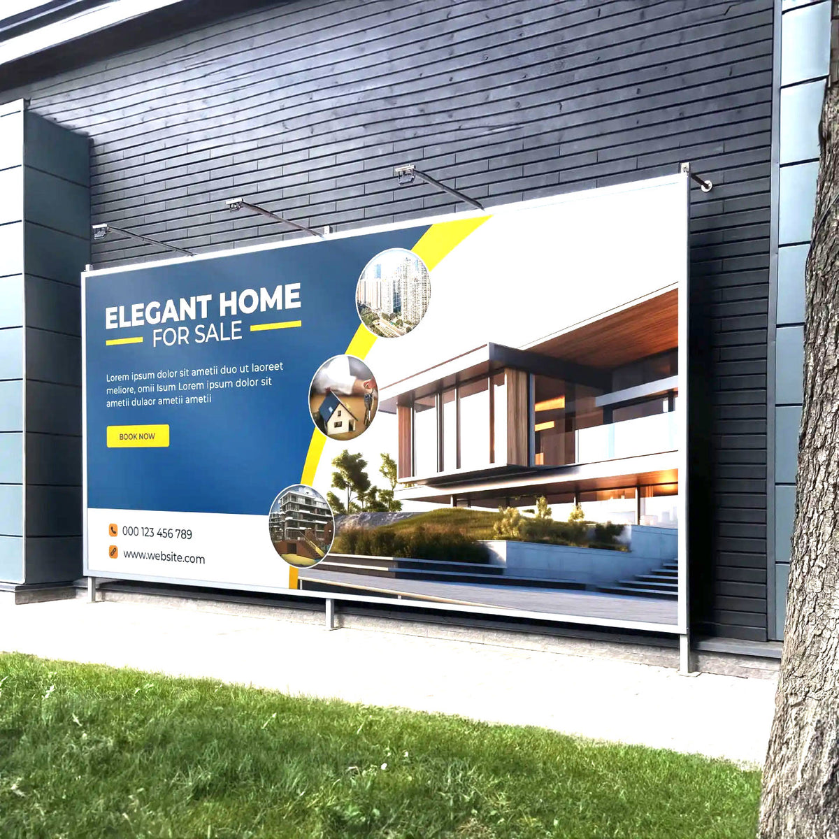 CUSTOM PRINTED HDPE POLYETHYLENE BANNER FEATURING AN ELEGANT HOME FOR SALE REAL ESTATE ADVERTISEMENT, MOUNTED ON AN OUTDOOR BUILDING WALL FOR DURABLE, WATER- AND TEAR-RESISTANT DISPLAY.