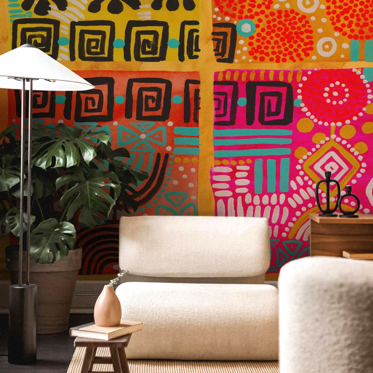CUSTOM PRINTED LOW-TACK REMOVABLE WALLPAPER FEATURING VIBRANT GEOMETRIC GRAPHICS, APPLIED TO A SMOOTH INTERIOR WALL FOR CUSTOM HOME DÉCOR AND WALL BRANDING.