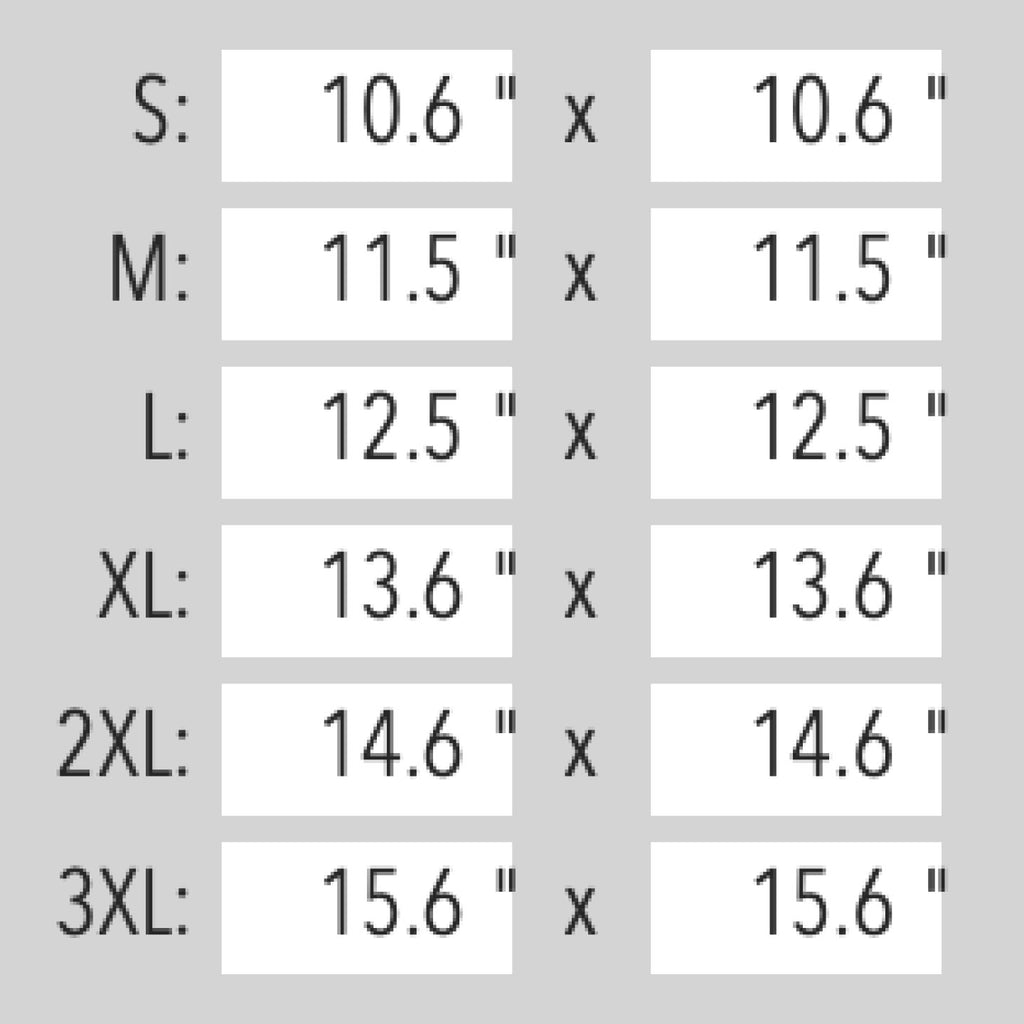 A size chart table showing dimensions for S, M, L, XL, 2XL, and 3XL sizes, with measurements in inches on a light gray background.