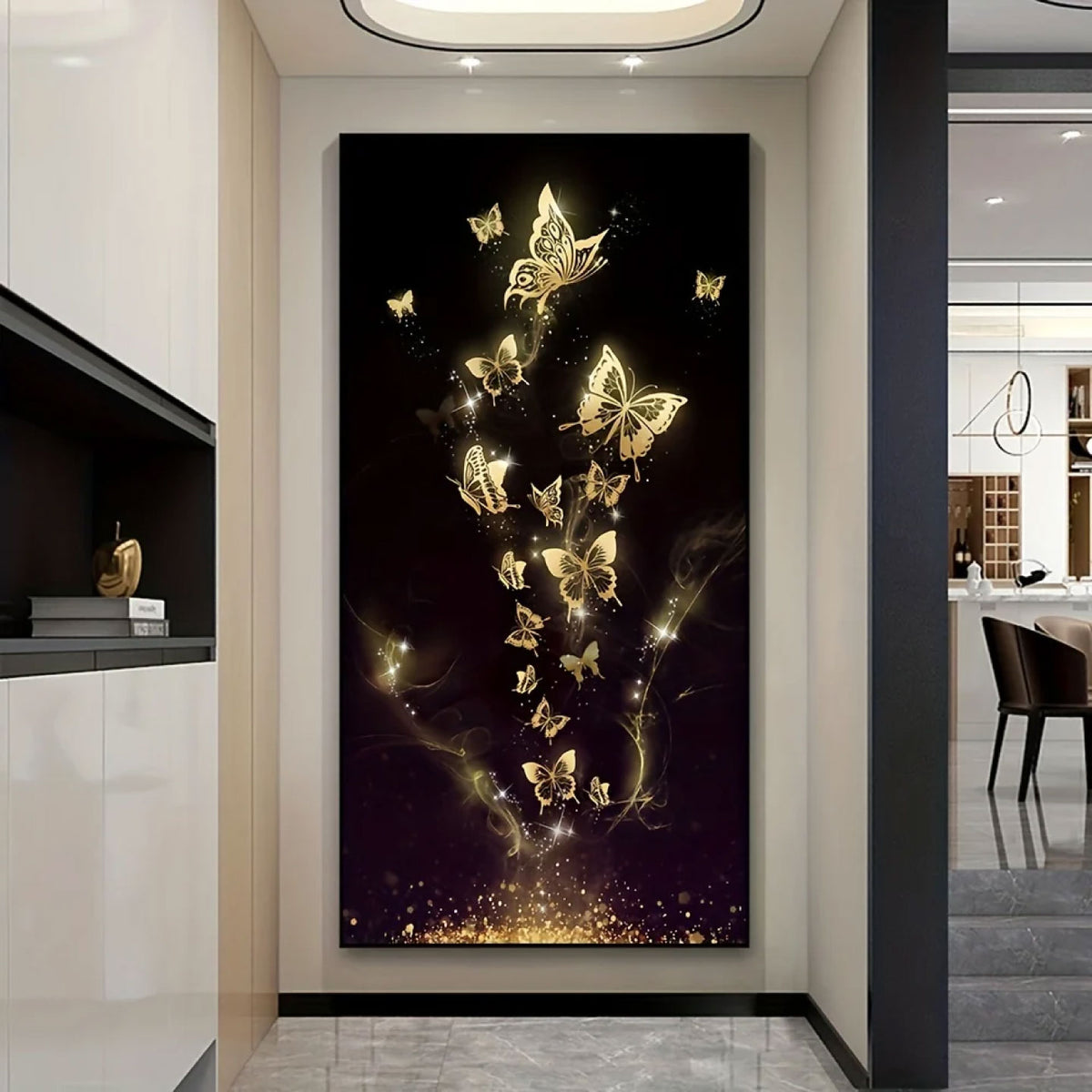 CUSTOM PRINTED POLY-COTTON CANVAS WALL ART FEATURING GOLD BUTTERFLIES ON A DARK BACKGROUND, STRETCHED AND FRAMED FOR DISPLAY IN A MODERN INTERIOR.