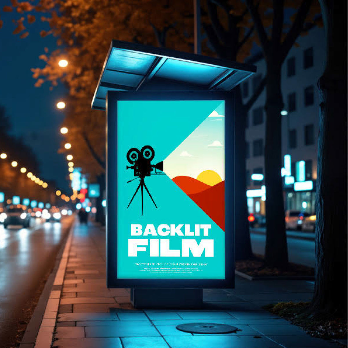 CUSTOM PRINTED TRANSLUCENT BACKLIT SIGN INSERT FEATURING VIBRANT FILM POSTER GRAPHICS, ILLUMINATED IN A BUS STOP LIGHT BOX FOR BRIGHT, HIGH-IMPACT NIGHTTIME DISPLAY.