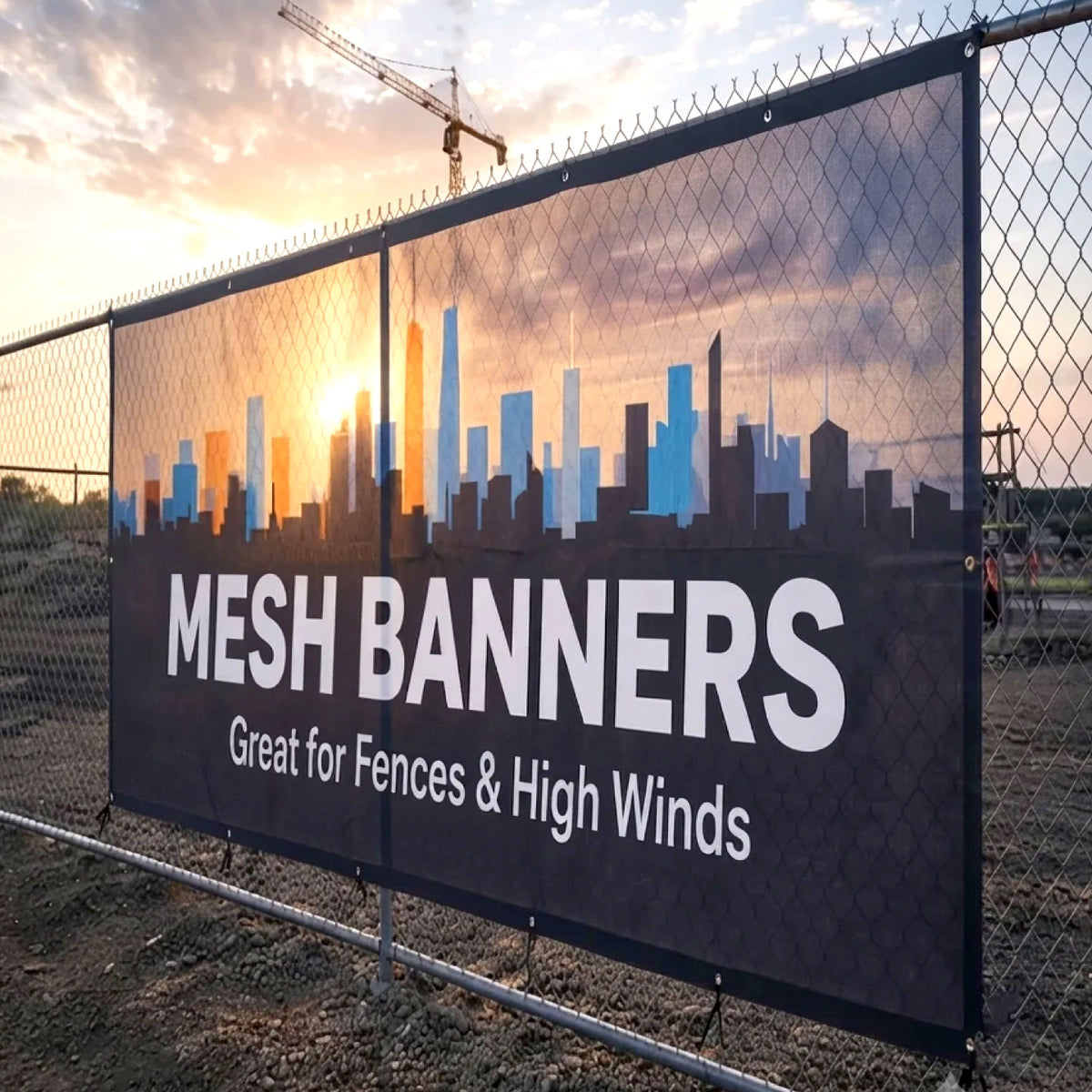 CUSTOM PRINTED VINYL MESH BANNER FEATURING A CITY SKYLINE GRAPHIC, MOUNTED ON A CHAIN-LINK CONSTRUCTION FENCE FOR DURABLE OUTDOOR DISPLAY AND REDUCED WIND RESISTANCE.