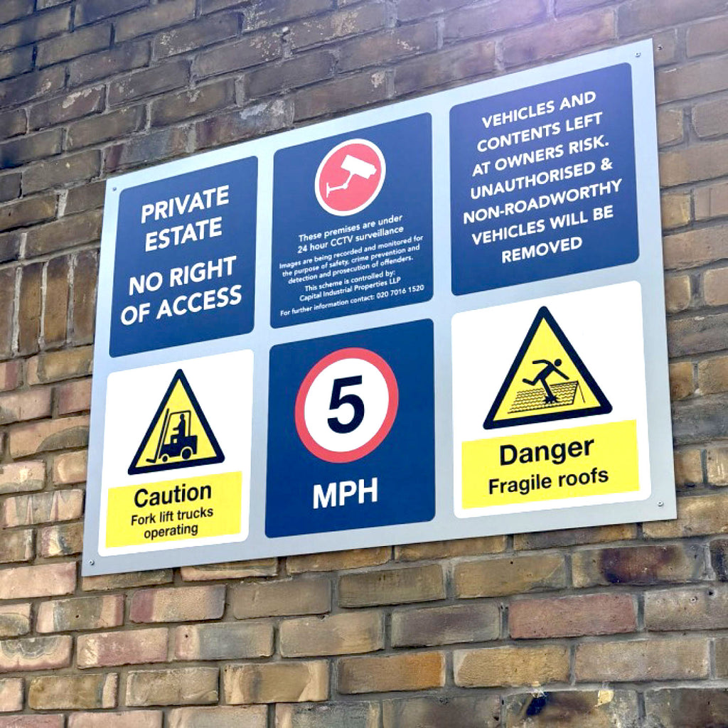 
CUSTOM PRINTED ACM WARNING SIGN FEATURING MULTIPLE COLOR-CODED PRIVATE ESTATE, ACCESS, AND VEHICLE NOTICE PANELS, MOUNTED ON AN EXTERIOR BRICK WALL.